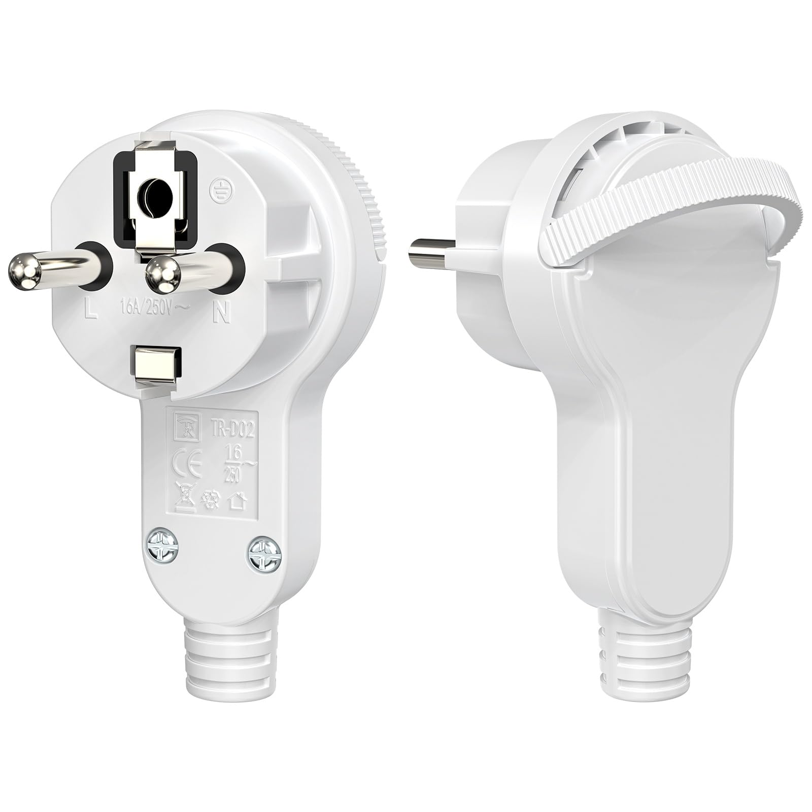 2 Stück Schuko Stecker Flach, Extraflach Schutzkontakt Winkelstecker mit Klappgriff, 250V 16A für Kabel bis 3x1,5 mm² Schuko Stecker Flachstecker Weiß