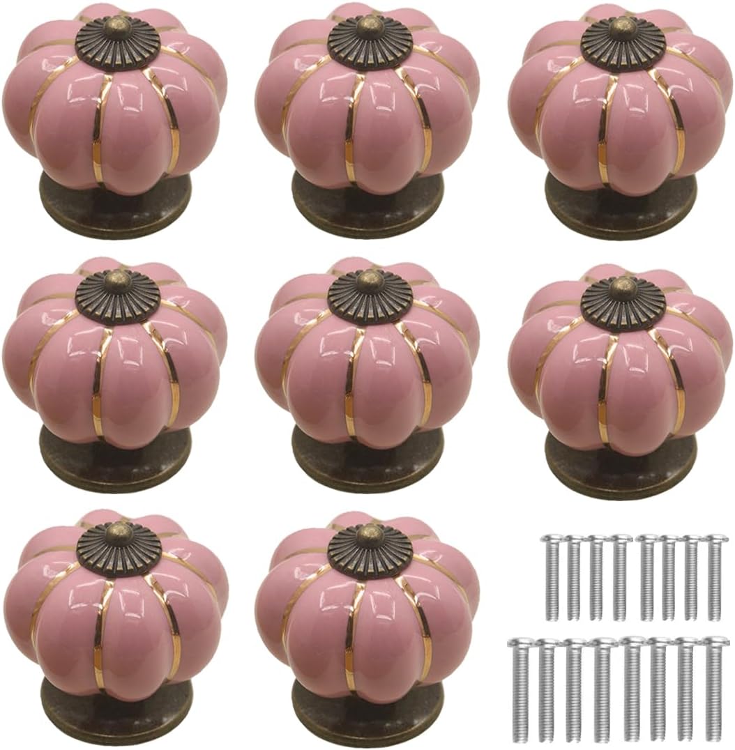 Ceramic Pumpkin Cabinet Knobs, [8 Pack] Vintage Sleek Pumpkin Door Pull Handles for Kitchen/Dresser Drawer/Cupboard/Wardrobe (Pink, 8 Pieces)