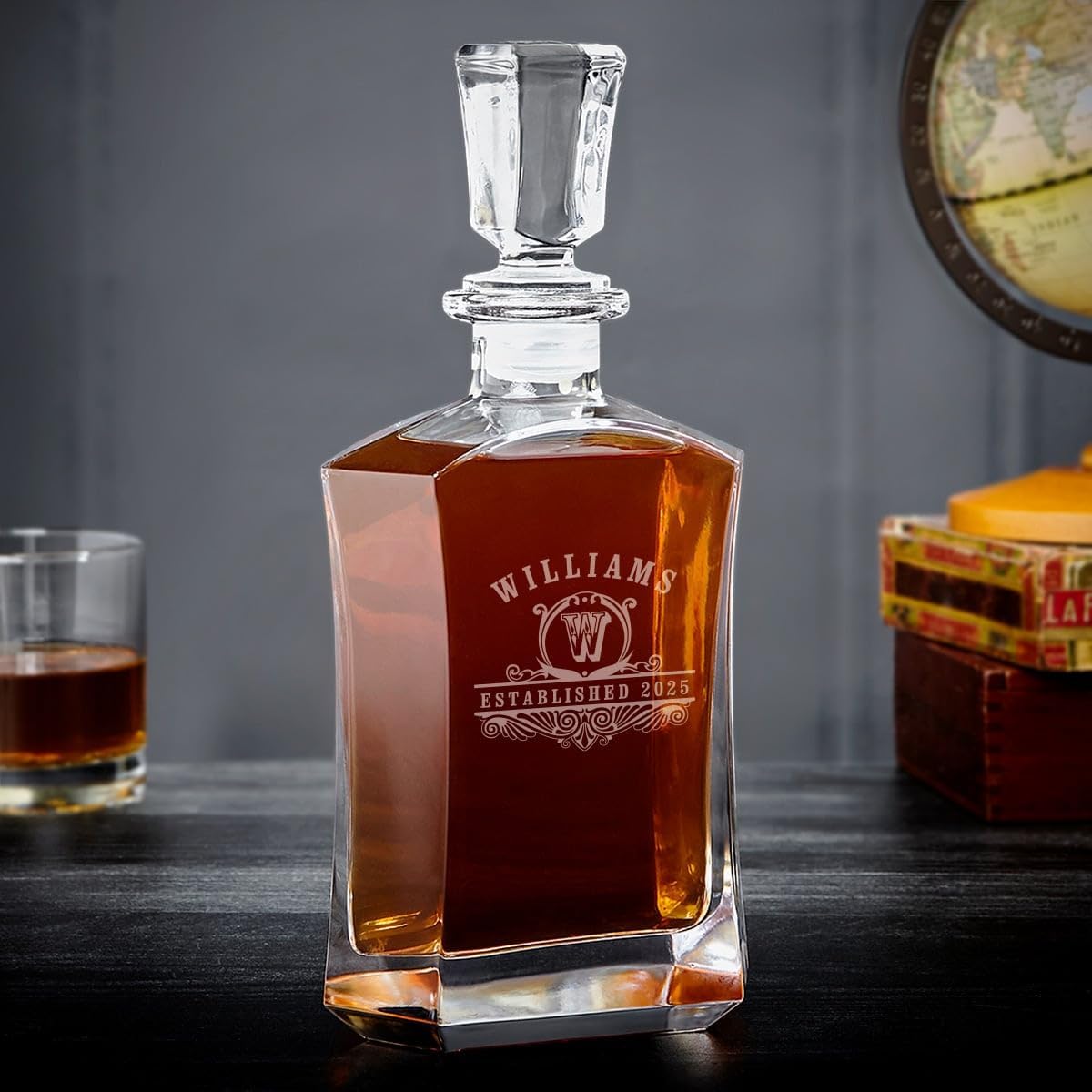 Personalized Liquor Decanter Set with Sculpted Glasses for Whiskey, Bourbon, and Scotch by HomeWetBar - Custom Decanter Set