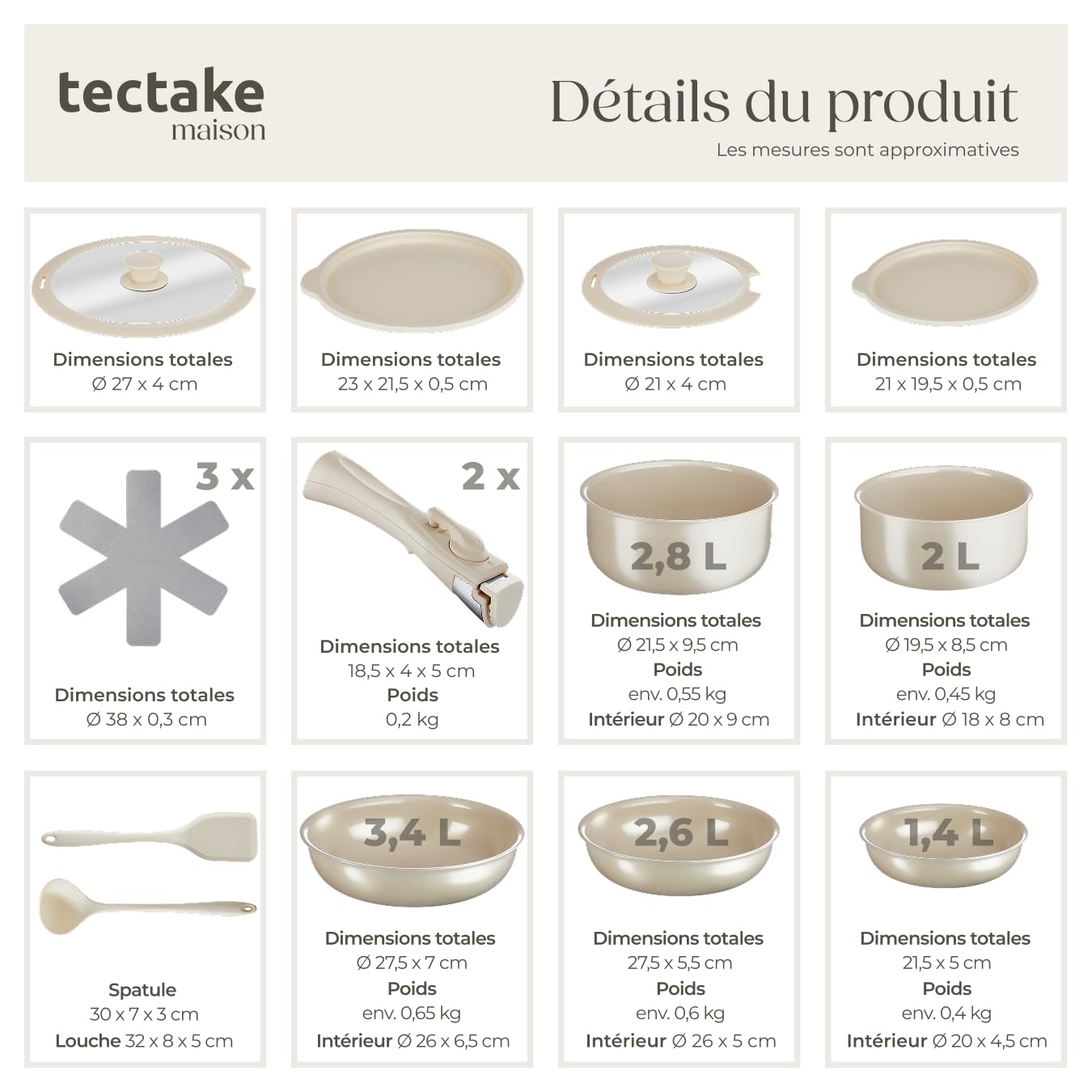 tectake® Batterie de cuisine 16 pcs, 2 Casseroles, 3 Poeles, 4 couvercles, 3 protège Casseroles Spatule Louche Induction gaz Vitrocéramique Poignées amovibles Revêtement antiadhésif en céramique Blanc