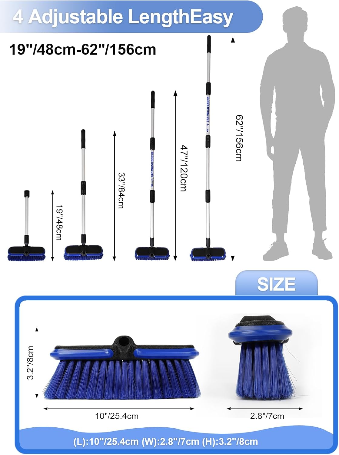Car Wash Brush with Long Handle 62"/156cm Telescoping Mop Pole 10" /25.4cm Larger Soft Bristle Head for RV Truck SUV Window Glass Tyres Boat Floor Deck House Siding Wall Snow Removal Cleaning Tool image 2