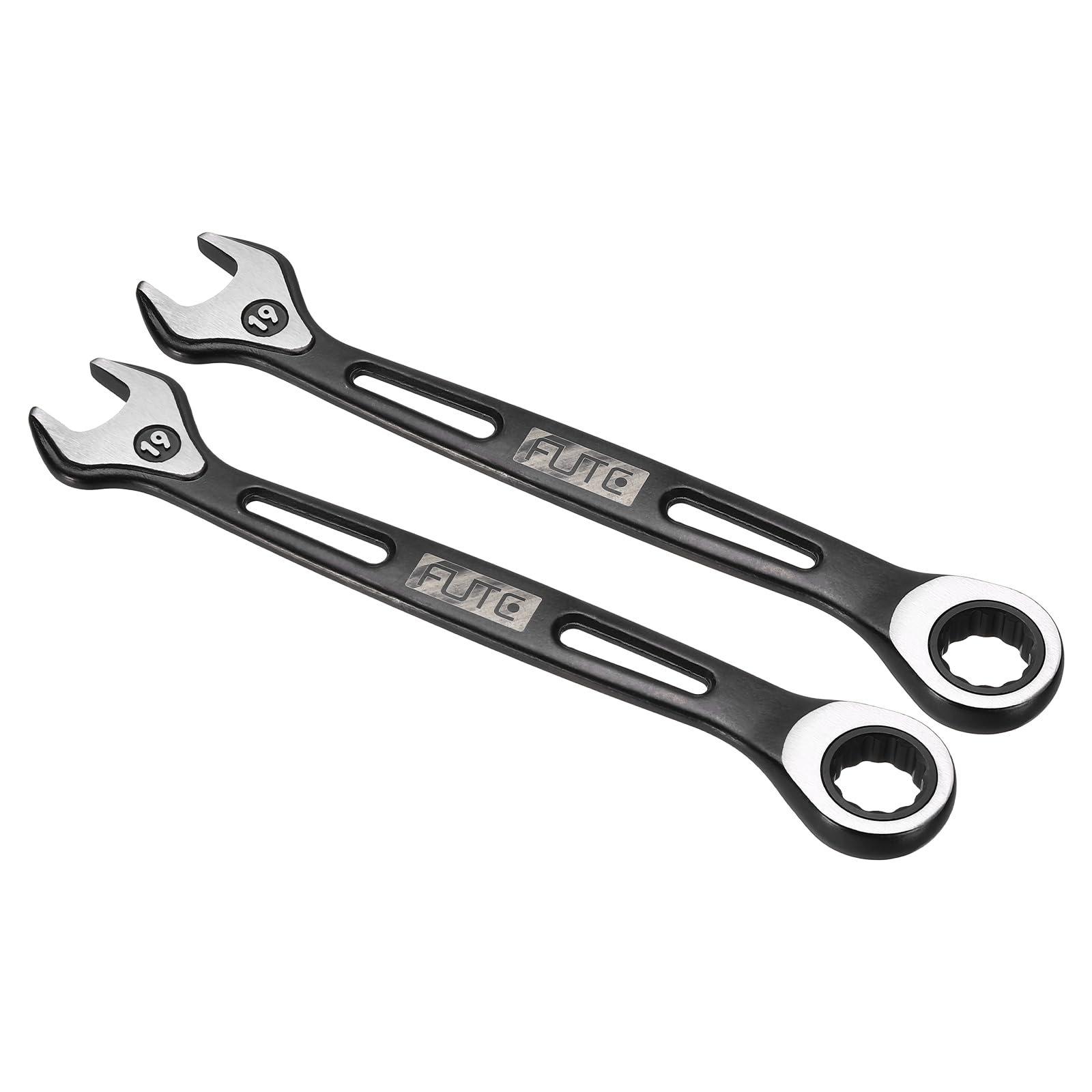 sourcing map 2Pcs Ratcheting Combination Wrench 19mm Stubby Wrench Metric High Carbon Steel Double 12-Point Box Open-Ended Ratchet Spanner Tool for Household Garage Workshop Auto Repairs, Black
