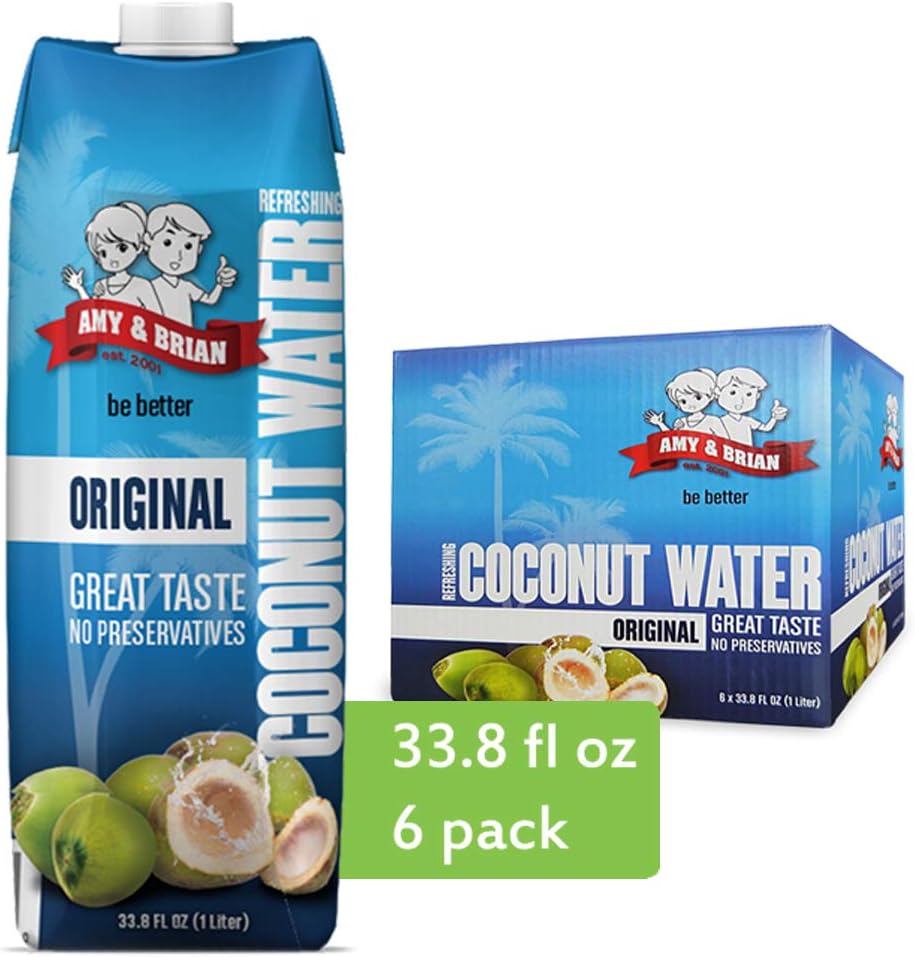 Amy & Brian Pure Coconut Water, 1 Liter (Pack of 6) | Best Tasting Coconut Water | Non-GMO & No Added Sugar | Refreshing & Hydrating Real Coconut Water