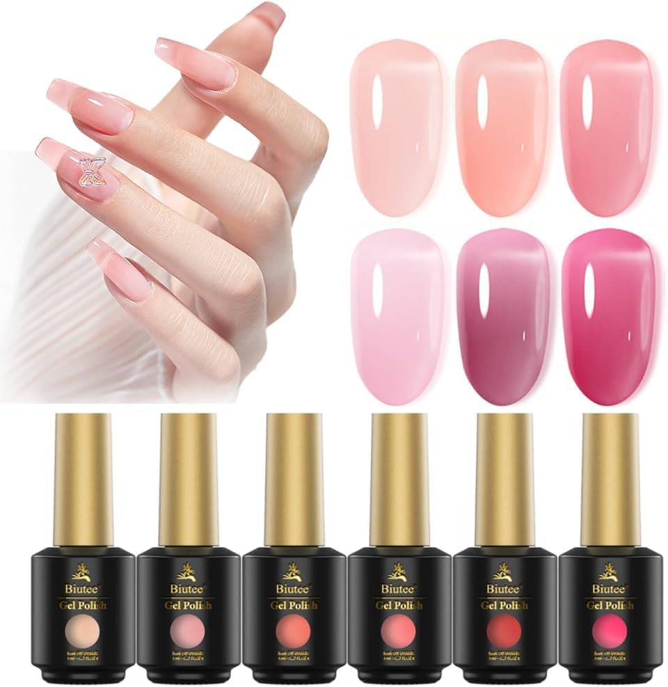 Biutee Esmalte en gel semipermanente Rosa Rojo - Esmalte de uñas Transparente Jelly Soak Off U V LED Tonos rosados Para Estudio de Manicura DIY en Casa 6pcs (Rosa transparente)