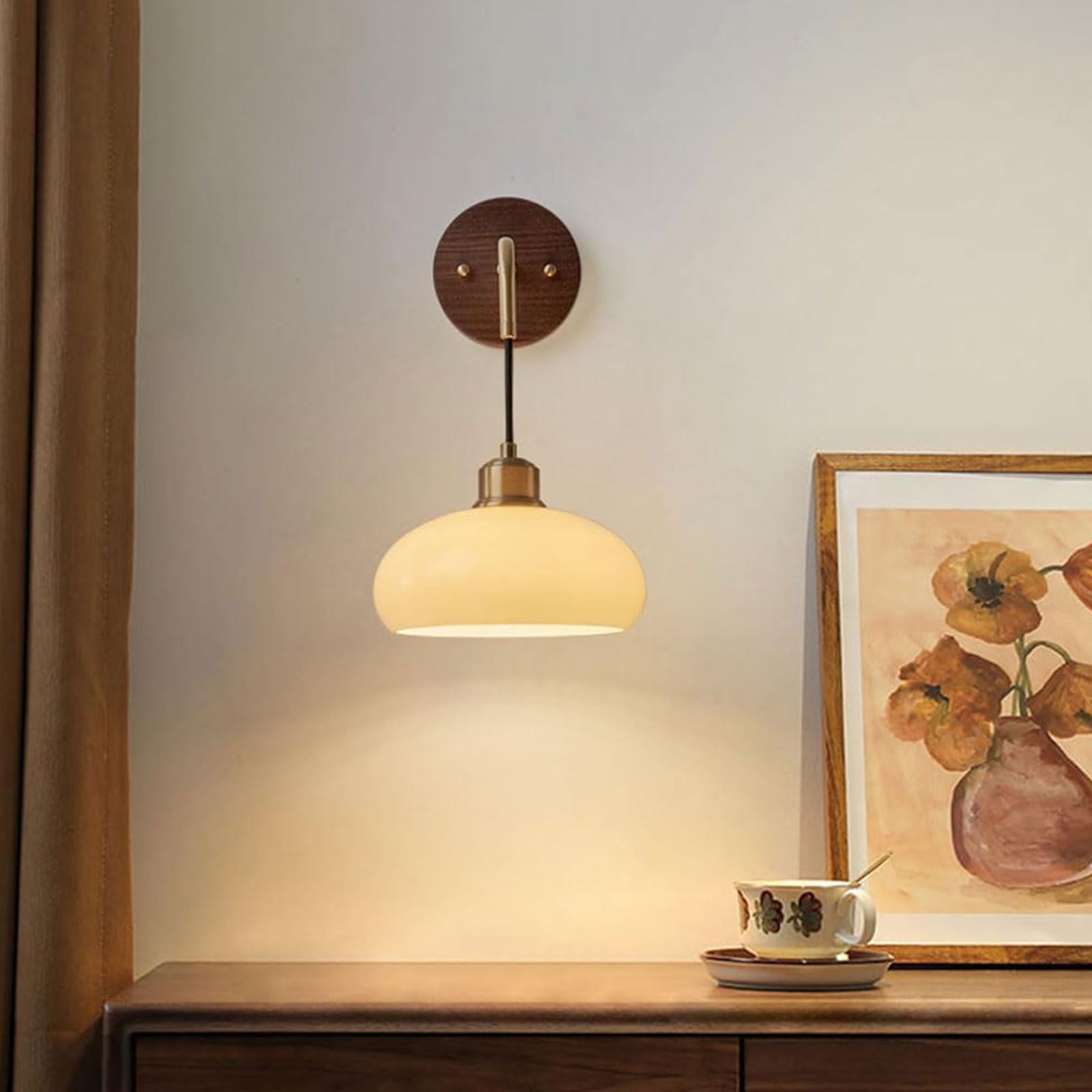 Regulowana Lampa ścienna W Stylu Retro Z Orzecha Włoskiego, Z Mosiężną Podstawą E27, Wiszącym Kloszem Z Kremowego Szkła, Odpowiednia Do Oświetlenia Ogrodu (1 Pack)