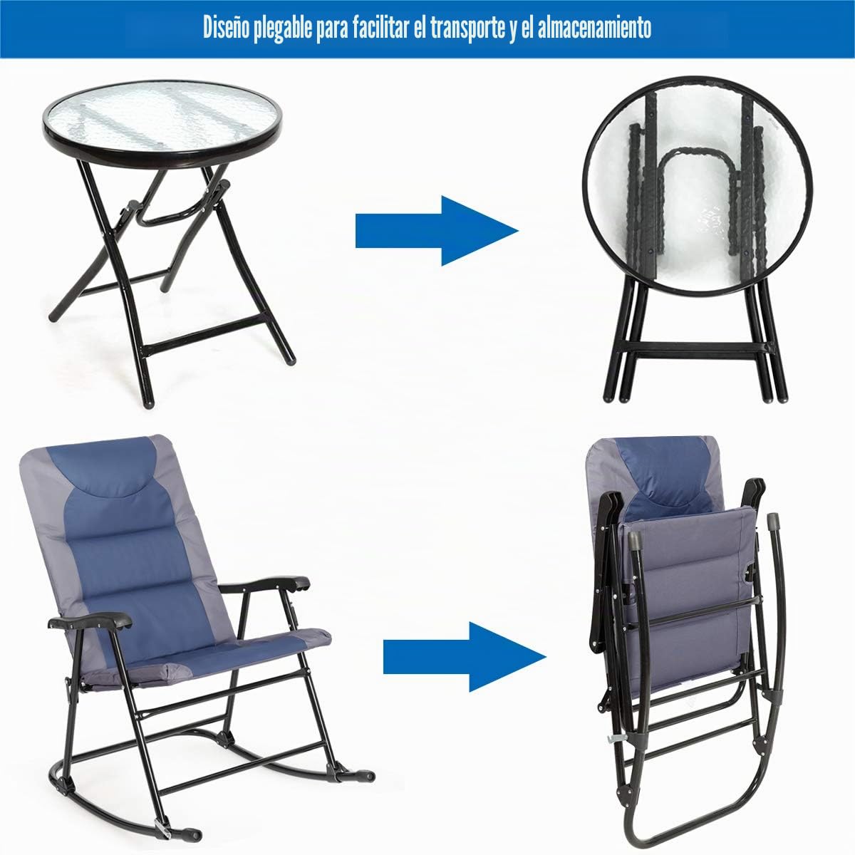 GIANTEX Juego de Mecedora Plegable de Muebles de Balcón, Juego de 3 Piezas con 1 Mesa de Café y 2 Mecedoras, Set de Bistró para Jardín, Tumbona Exterior (Azul)