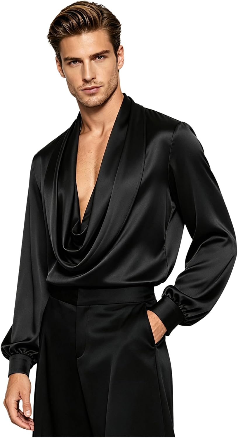 Men Satin Latin Dance Shirt Long Sleeve Dance Wear