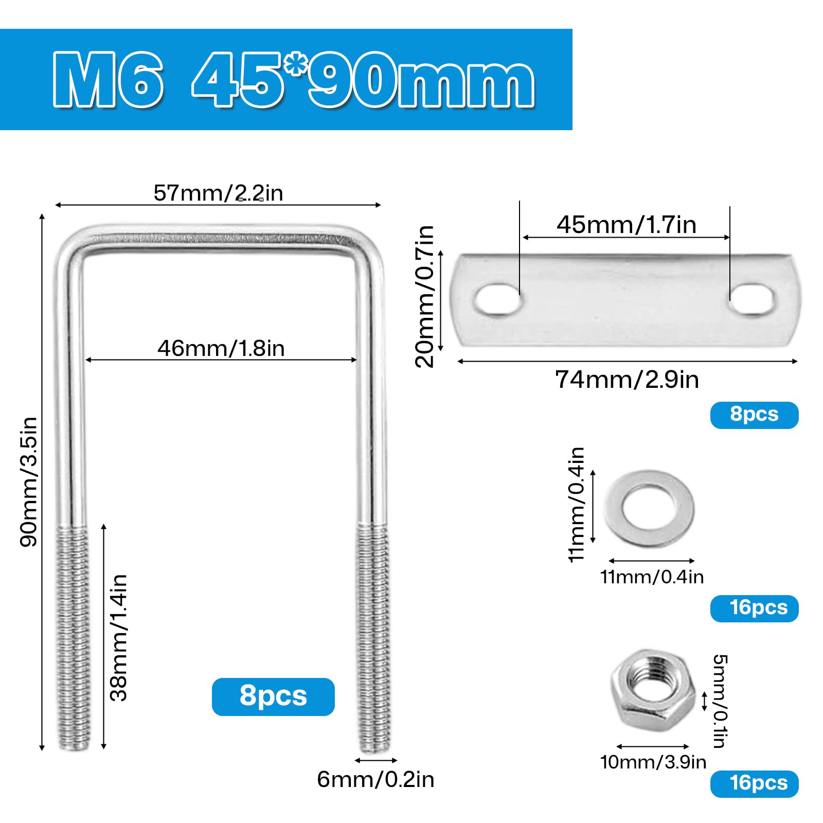 8 Stück Bügelschraube M6 45 x 90mm, Edelstahl U Bügel mit Gewinde Bügelschelle U Bolzen Bügelbolzen mit Muttern Rahmengurte Bügelschrauben für Dachbox Auto Abschleppen Repa