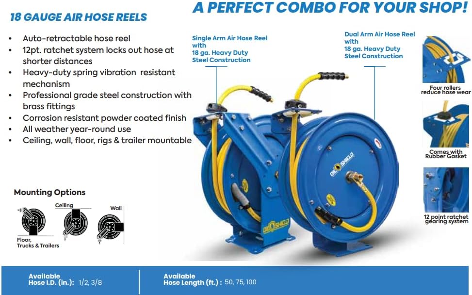 OilShield OSRDA38100 Rubber Air Hose Reel Dual Arm Assembly 3/8" x 100' – Oil Resistant Nitrile Hose – Powder Coated Steel – 12-Point Ratchet Lock – Corrosion Resistant Brass Fittings