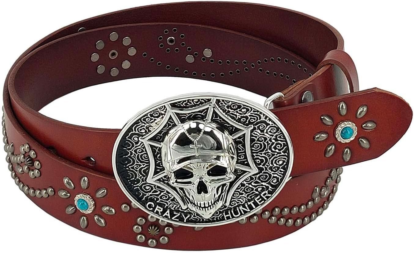 Steampunk Real Leather Belt Biker Gothic Belt Big Spider Skull Buckle Waistband Men