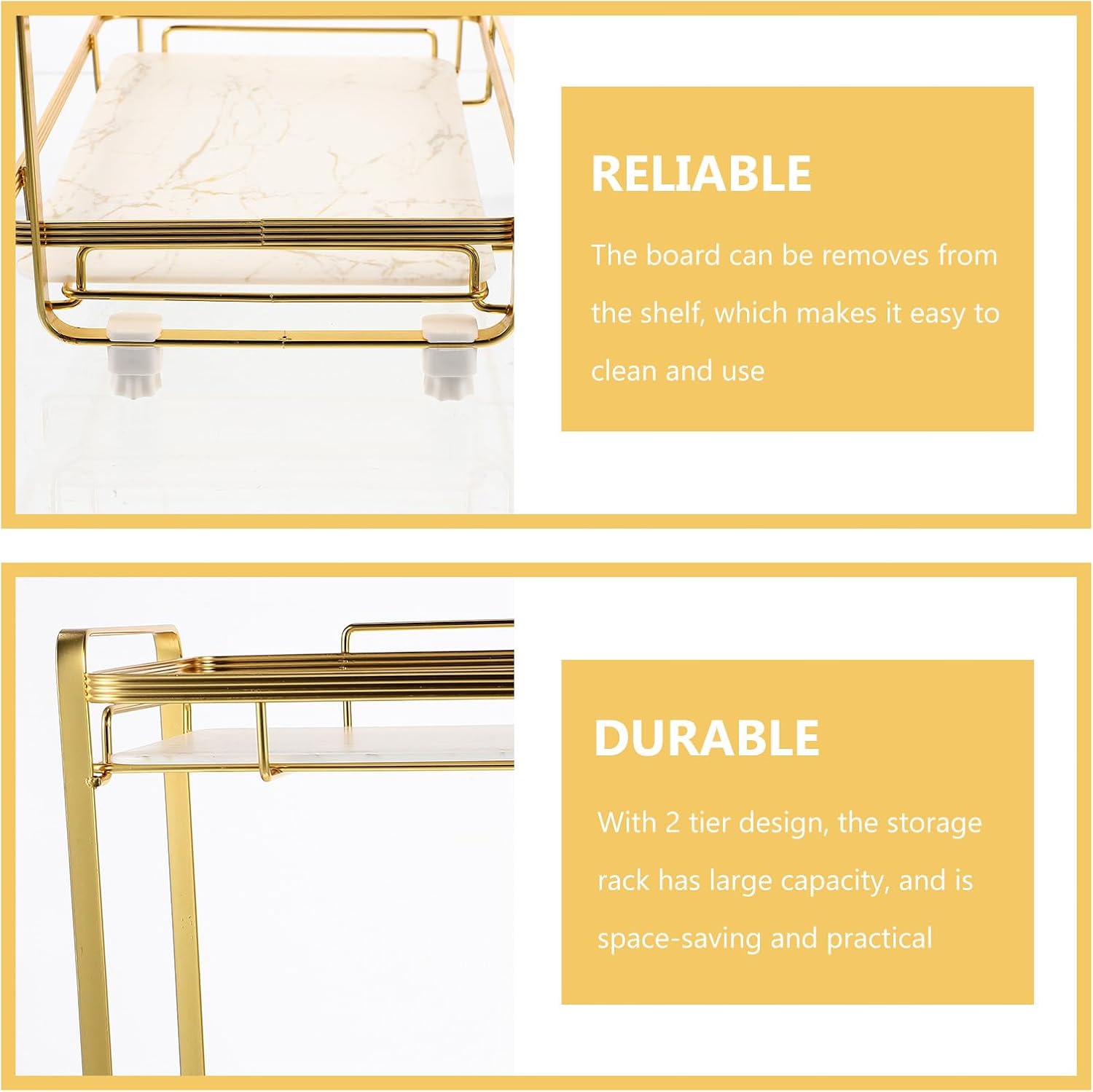 Toyvian 2-Tier Bathroom Counter Organizer Shelf, Marble Texture Alloy Frame with Anti-Slip Feet, Cosmetic Rack and Corner Storage Shelf for Bathroom and Vanity Storage