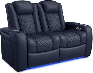 Valencia Tuscany Home Theater Seat - Nappa Leather Power Recliner with Cool Gel Memory Foam, USB-C/USB-A Charging, RGB LED Lights, Adjustable Lumbar & Headrest (Row of 2 Loveseat, Navy Blue)