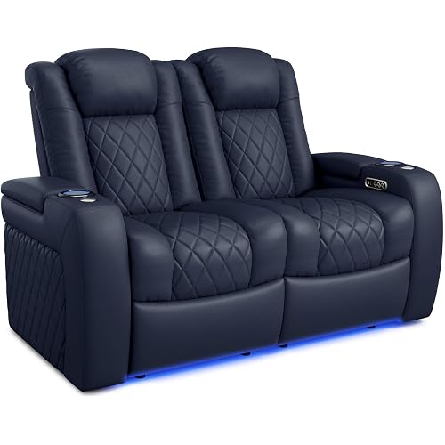Valencia Tuscany Home Theater Seat - Nappa Leather Power Recliner with Cool Gel Memory Foam, USB-C/USB-A Charging, RGB LED Lights, Adjustable Lumbar & Headrest (Row of 2 Loveseat, Navy Blue)