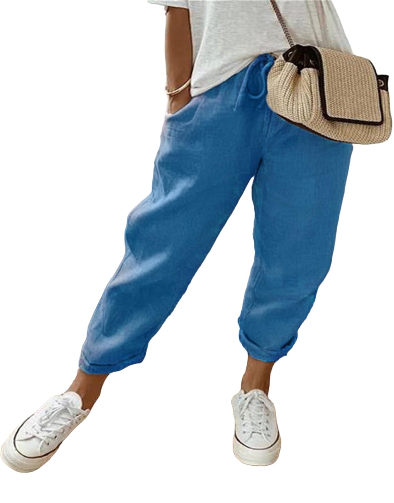 MorFansi Damen Leinenhose Casual Leicht Sommerhose Bequeme Luftige Hose Freizeithose Strandhose mit Taschen