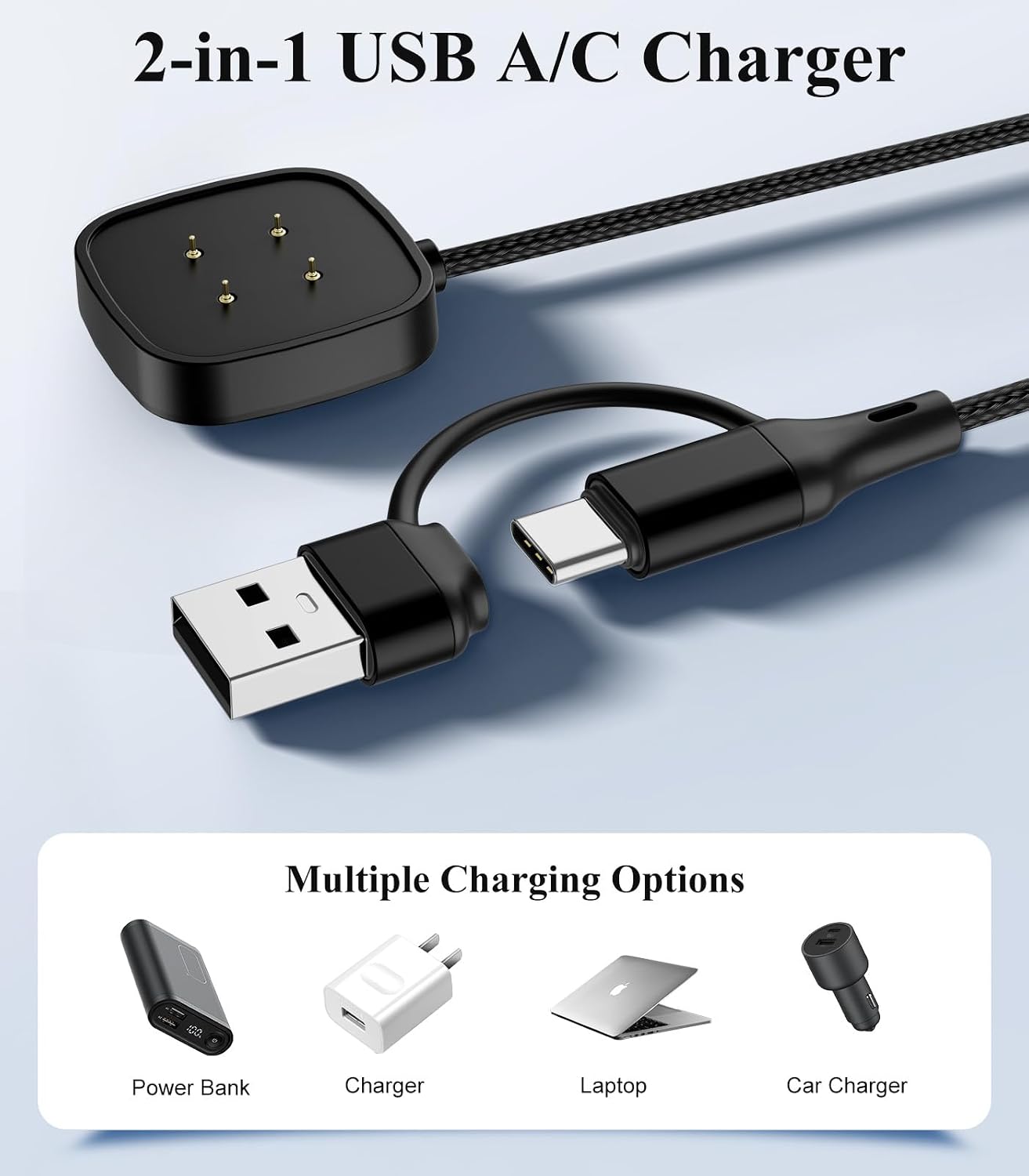 TiMOVO Charger Compatible with Fitbit Versa 4/Versa 3/Sense 2/Sense, Replacement USB-A/C Charging Cable Cord Magnetic Dock Stand for Google Pixel Watch 3/Pixel Watch 2, 3.3Ft, 2 Pack
