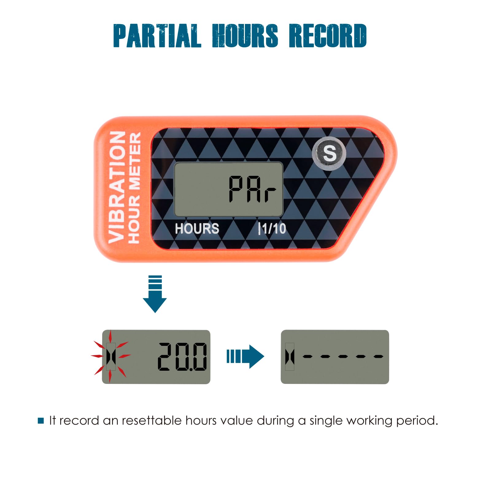 Runleader Compteur d'heures à vibration LCD pour l'entretien, sans câble et écran de verrouillage pour tondeuse à gazon, générateur, compresseur, motocyclette, tronçonneuse, etc. (orange