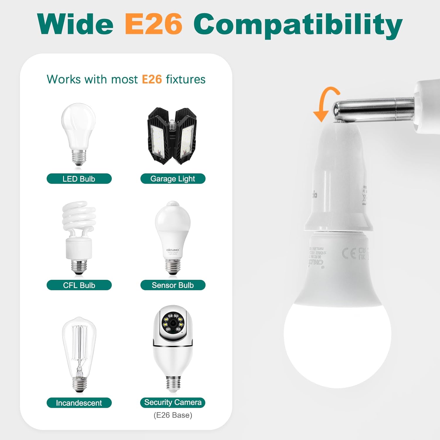 DiCUNO Light Socket Extender, E26 Light Bulb Extender, 4.5 Inch Extension, Adjustable Socket Extension Adapter, 180° Bendable, 350° Rotatable, Medium Screw Base, 2-Pack