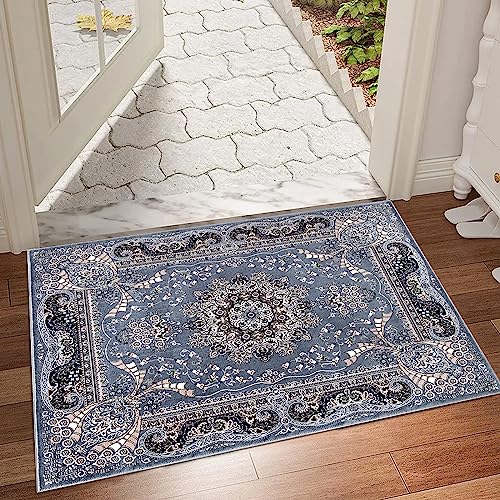 renoazul® Soft Pile Washable Vintage Rug, 60 x 110 cm (2 ft x 3 ft 7 in) - Grey - Floral Pattern Door Mat for Indoor, Office, Door, House Floor, and Bathroom