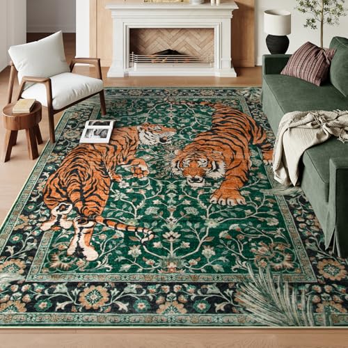 Moynesa Tiger Washable Rugs, 8x10 Area Rugs for Living Room, Soft Large Vintage 8x10 Bedroom Green Rug, Botanical Non Slip Ultra Thin Floor Carpet for Dining Room Home Office