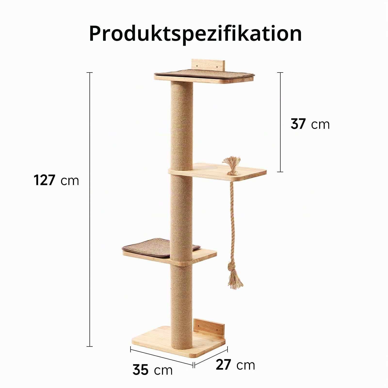 FUKUMARU Kratzbaum für Katzen, Wandmontage, 127,7 cm, Katzenbaum mit Katzenbett, Kratzpfosten und Kratzmatte aus Jute, Katzenkratzbaum aus natürlichem massivem Gummibaumholz, groß