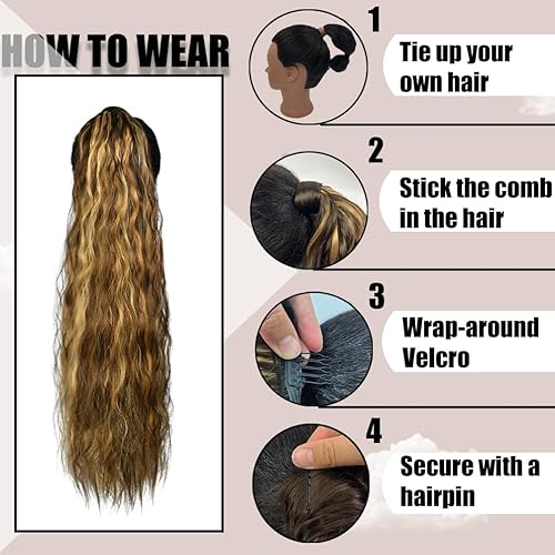 Miniatura 2 de Extensión de cola de caballo de onda de maíz envolvente de 26 pulgadas de largo, rizada, ondulada, extensión de cola de caballo sintética de negro a