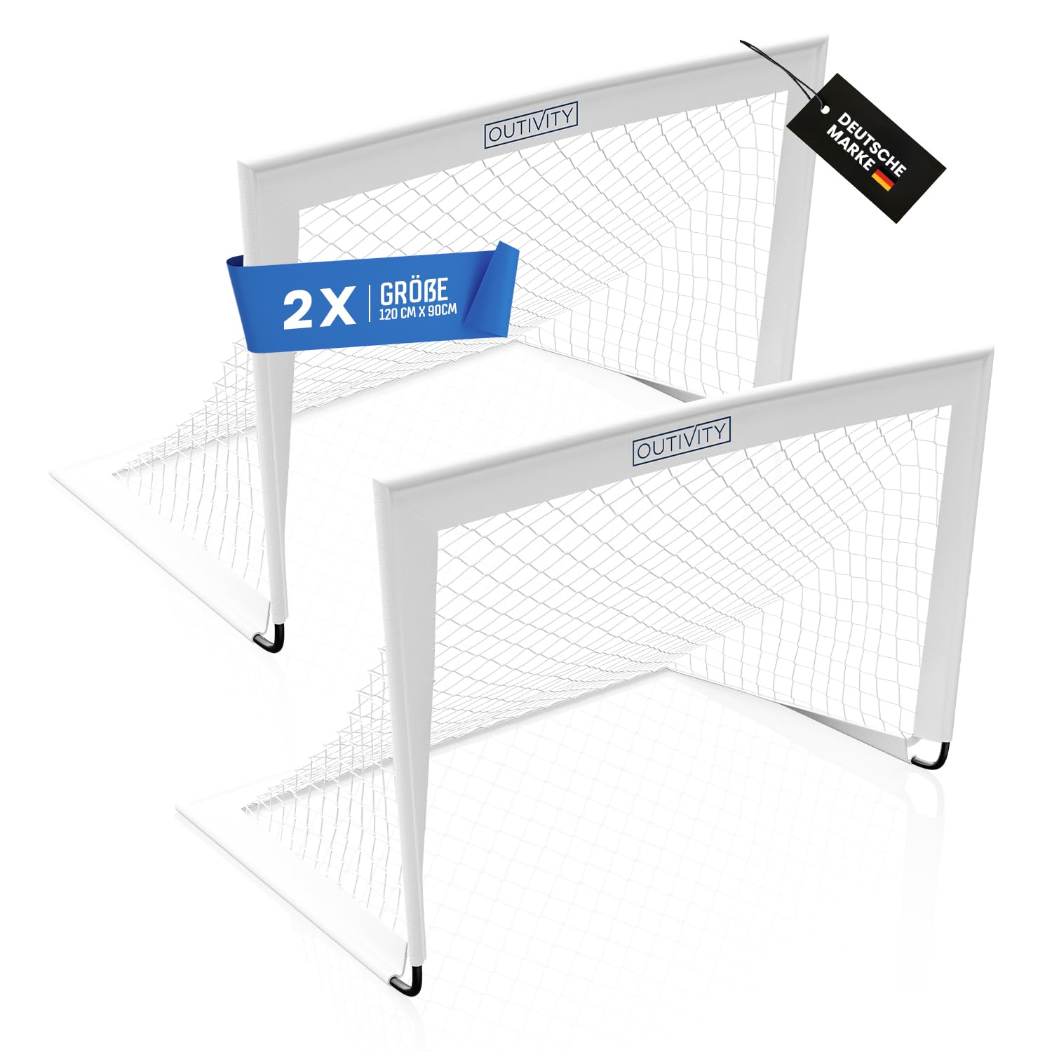 Fußballtor für Kinder 2er Set weiß, ohne Stolperfalle, je 120x90cm, inkl. 8+2 Heringen und Tragetasche, pop-up Fussballtore für Garten Kinder