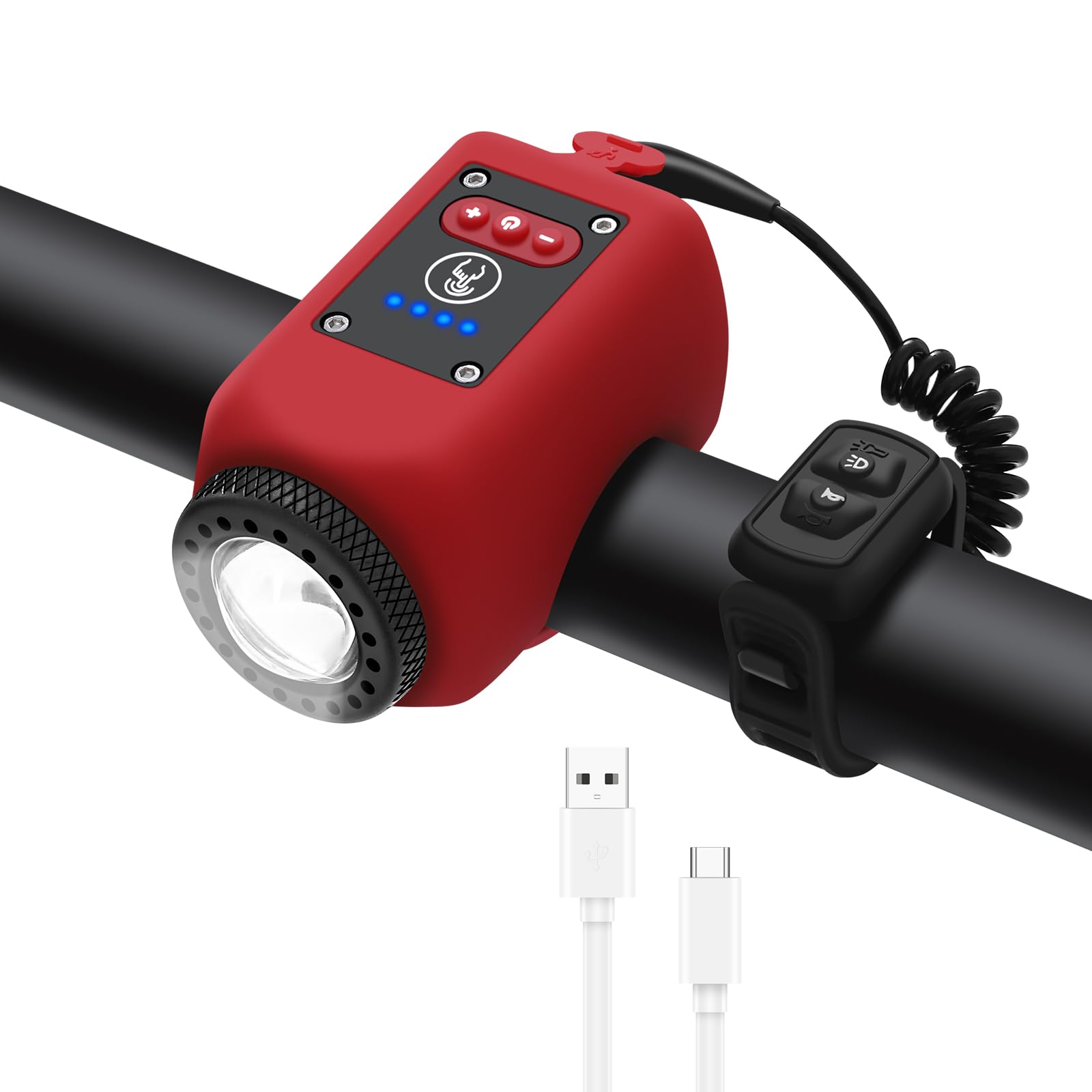 Woyuosn Bike Horn, Bicycle Horn with Large Range Floodlight, Cozy Loft, IPX5 Waterproof with USB Rechargeable Bike Electronic Horn (Red)