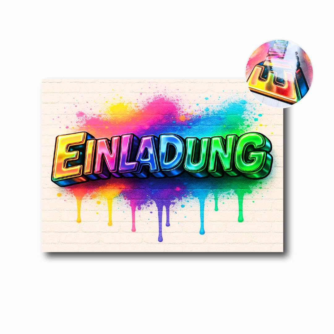 GRAFBURG - 8 Einladungskarten Kindergeburtstag mit 3D Effekt – DIN A6 - Coole Einladungen für Jungs & Mädchen – Geburtstagskarten Graffiti-Design Splash (8 Stück)