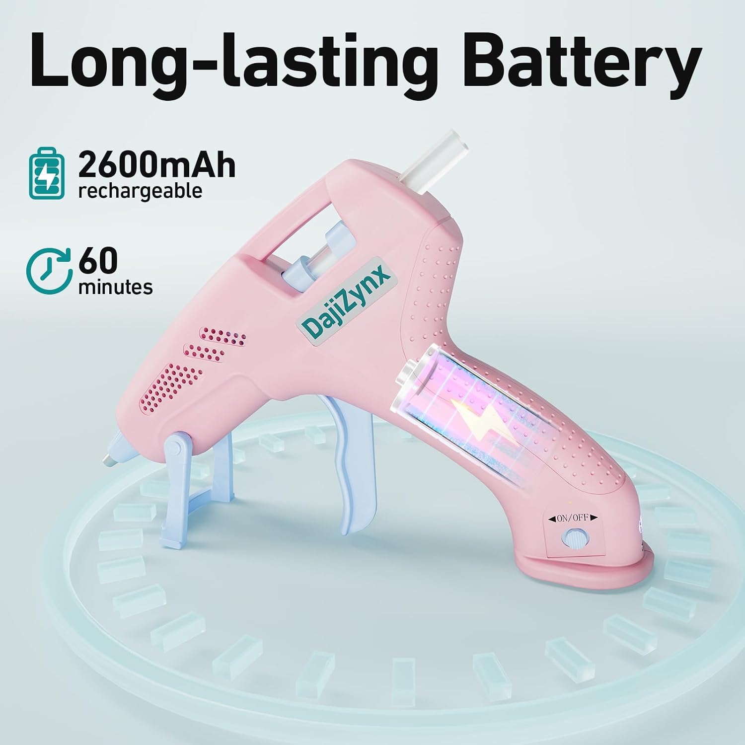 Hot Glue Gun, Cordless Hot Glue Gun with 30 Premium Glue Sticks (7×150mm), 90s Fast Heating, 2600mAh Type-C Rechargeable for DIY Crafts, Home Repairs, Creative Projects and Gift Making, Pink