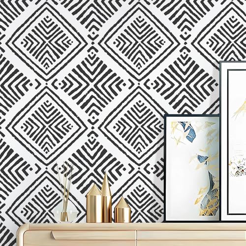 Aniboo Black and White Peel and Stick Wallpaper Boho Geometric Contact Paper for Cabinets Modern Self Adhesive Removable Wallpaper Kitchen Bathroom Waterproof Black White Contact Paper 78.7inL 17.3inW