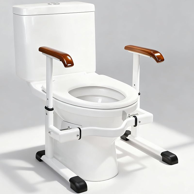 FSA/HSA Eligible Toilet Safety Rails for Elderly with Solid Wood Handles, Adjustable Height & Width, Heavy Duty Thickened Toilet Safety Frame, 520 LBS Capacity, Handles for Disabled & Seniors