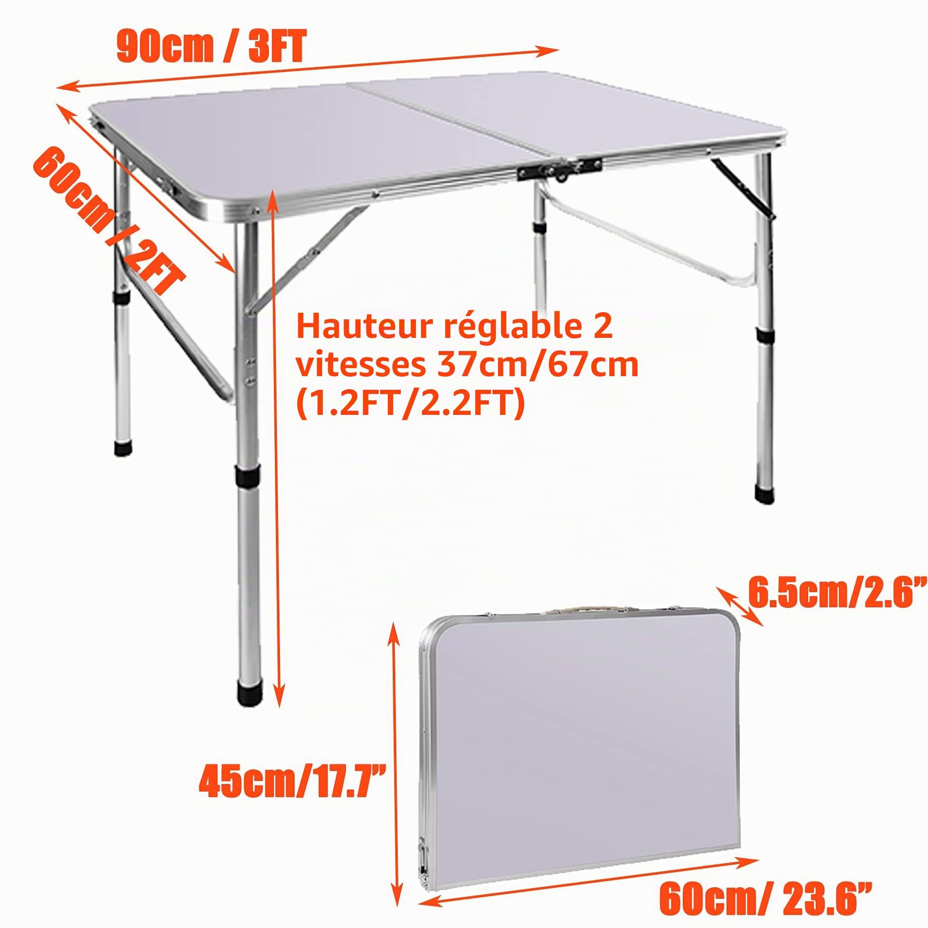 Table Pique-Nique Pliante 90x60cm, Petite Table Valise de Camping Pliante 2 Hauteur Ajustable 37/67cm, Structure Aluminium + Plateau MDF pour Repas Intérieur Extérieur Jardin BBQ et Plage