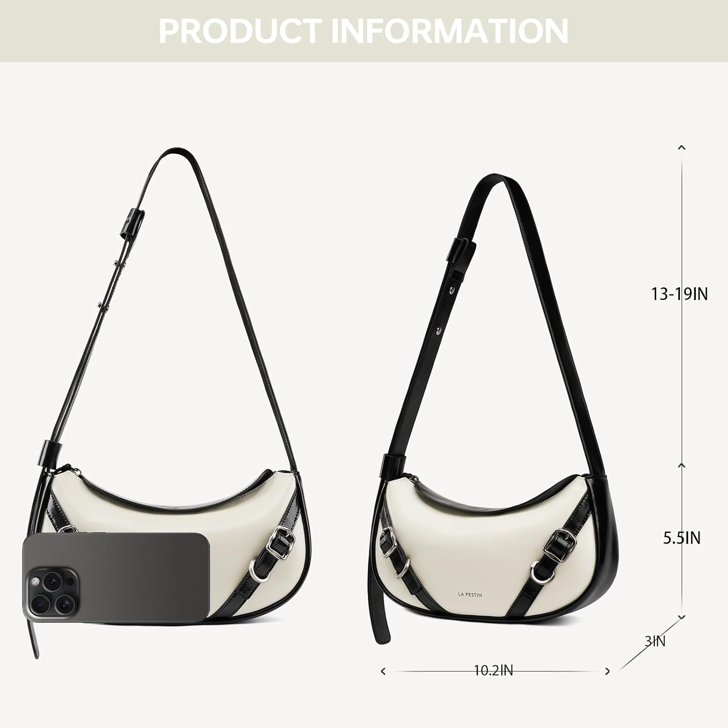 LAFESTIN Women's Leather Crossbody Bag - Adjustable Strap Purse with Zipper, Trendy Crescent Bag for Daily Use - Image 4