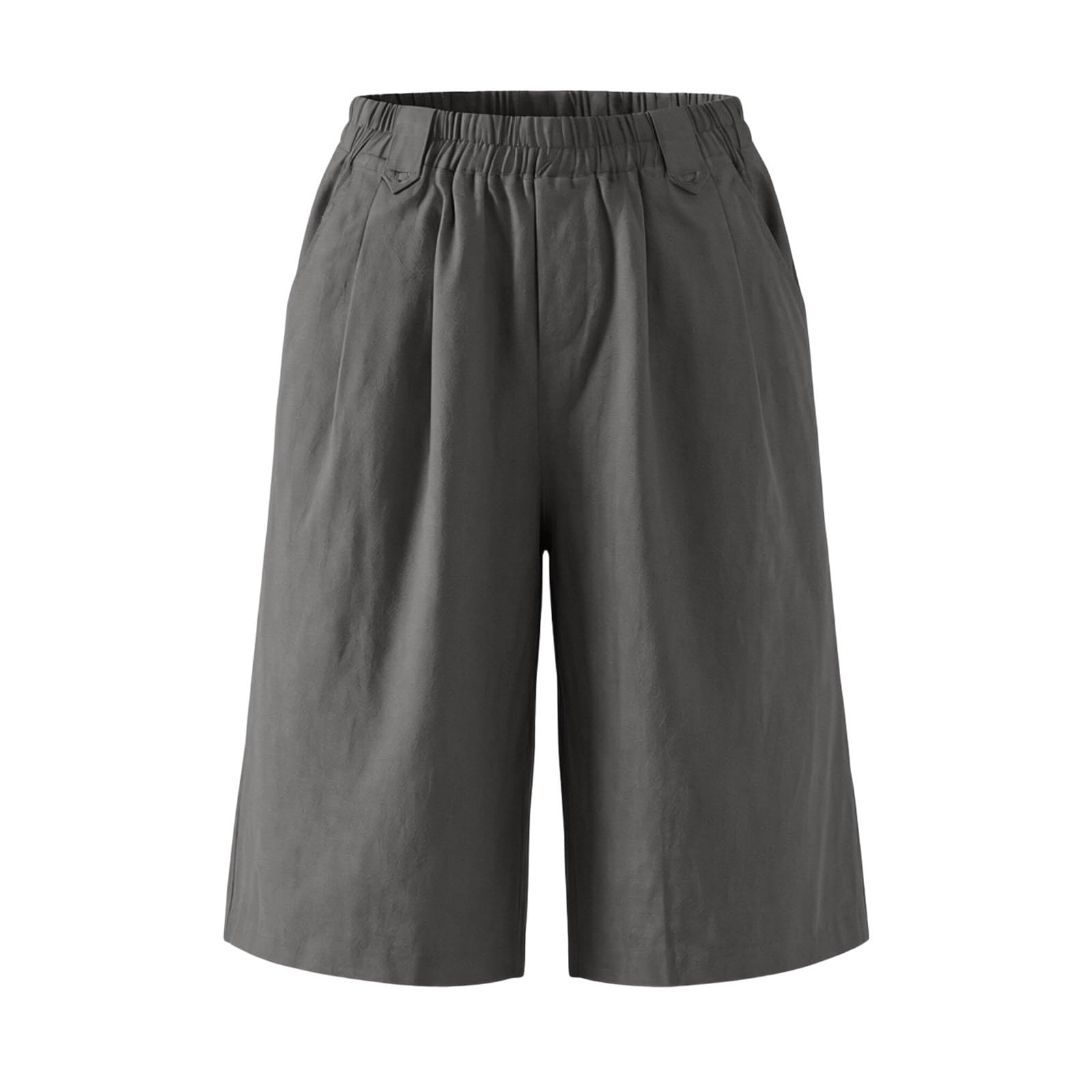 Generisch Damen Leinenhose Kurze 5/4 Hose Sommer Locker Fit Bermudas Große Größen Freizeithose mit Gummizug Weites Bein Stoffhose mit Taschen für Strand Urlaub