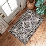 Lessymo 2 x 3 Entryway Rug, Machine Washable Area Rugs Boho Faux Wool Low Pile Area Rug for Bedroom, Floral Medallion Vintage Outdoor Rugs with Non-Slip Rubber,Black Brown