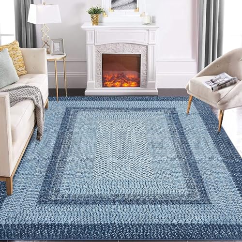 GAOMON Rugs for Living Room 8x10 Printed Washable Rug Modern Braided Area Rugs for Living Room Non Slip Low Pile Bedroom Rug Low Pile Non-Shedding Floor Carpet for Farmhouse Home Office Blue