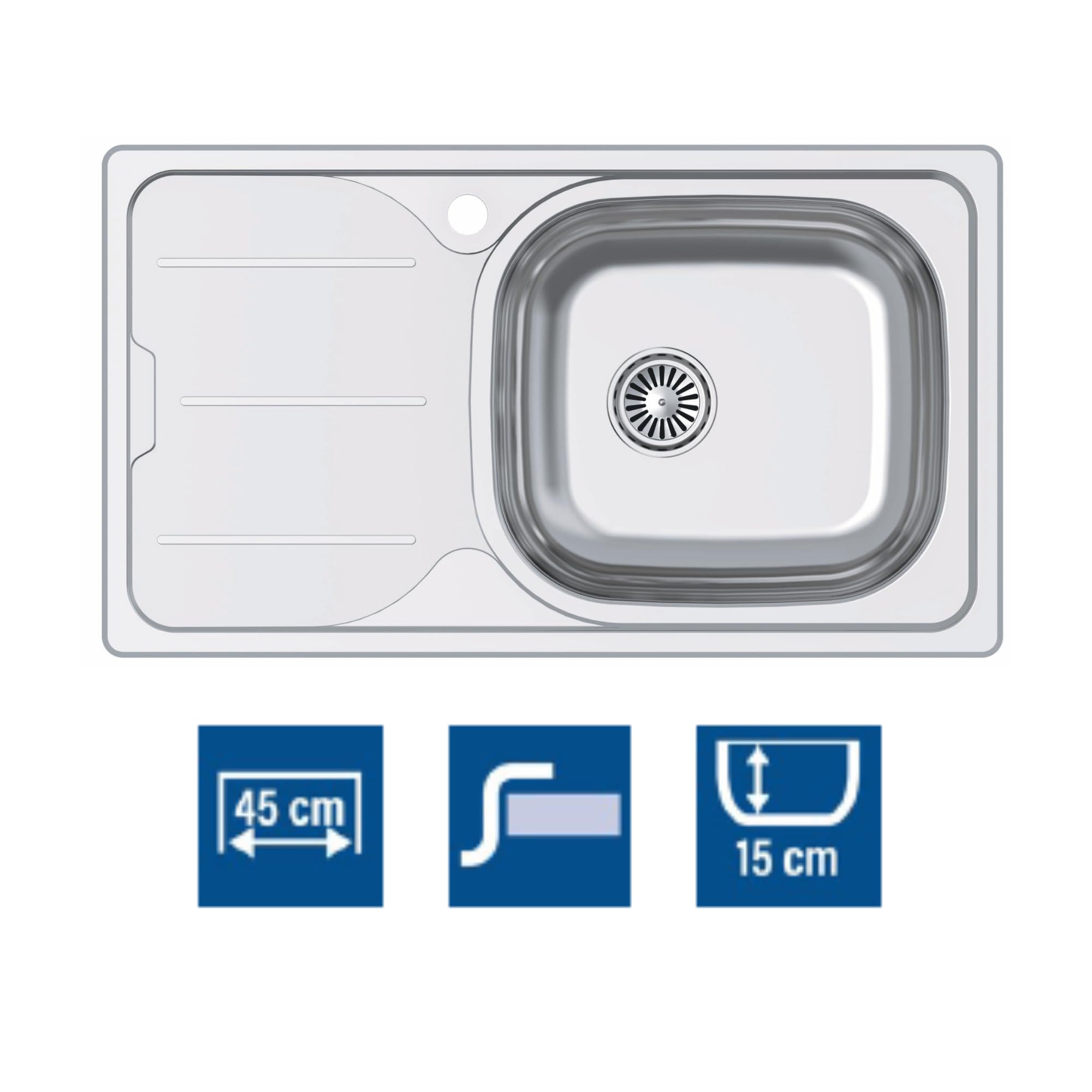 CATA Fregadero CDS-1 EI/A Cubeta Cuadrada Escurridor Instalación Mueble 45 CM Base Fonoabsorbente Acero Inoxidable Válvula Canasta Acabado Inox