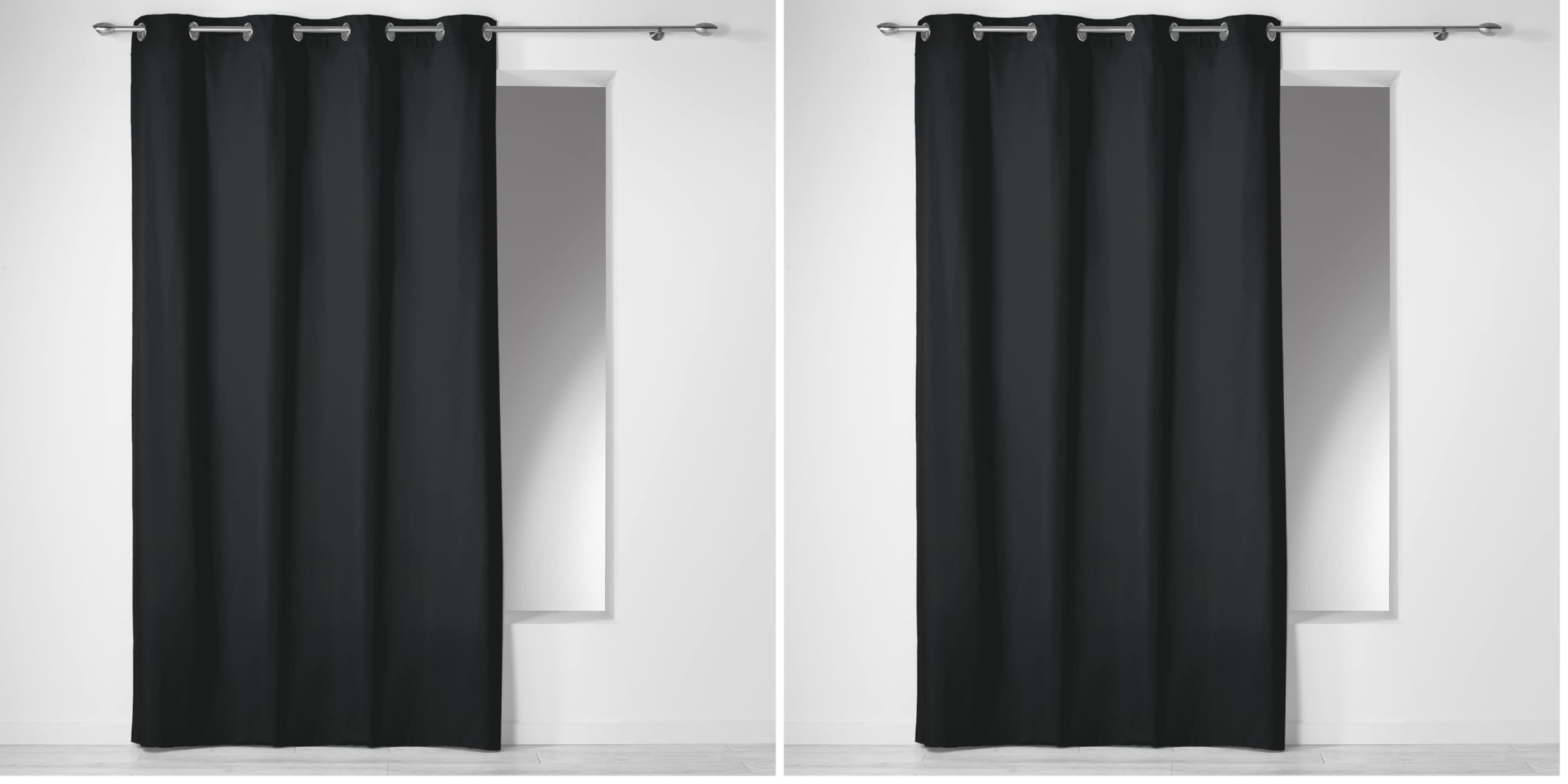 Douceur d'Intérieur, Rideau à Oeillets (140 x 240 cm) Panama Noir, Coton Uni (Lot de 2)