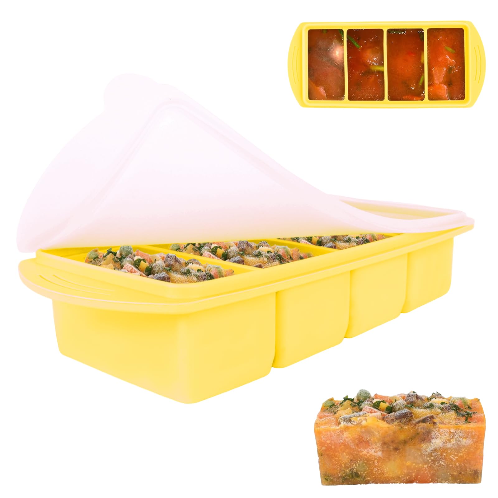 Lotvic 1 Pack Soup Cube Silicone Freezer Tray, 1000ML Freezer Containers with Lid, 4-Compartment, Makes 4 1-Cup Portions Cubes, Freezer Tray for Meal Prep, Soup, Sauce (1 Pack, Yellow) — image 1