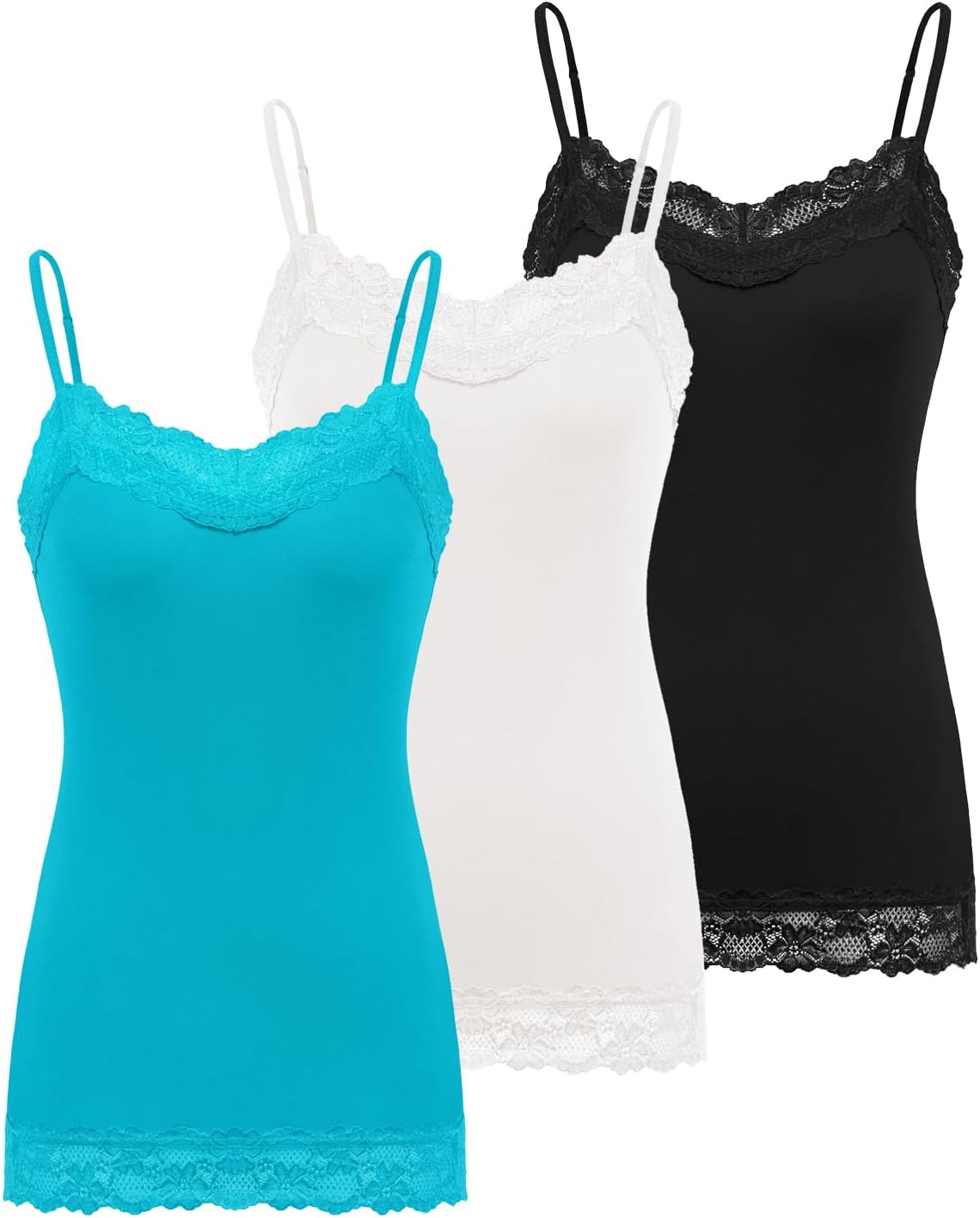 Kate Kasin Women's Adjustable Spaghetti Strap Lace Trim Cami Tunic Tank Top 3PACK