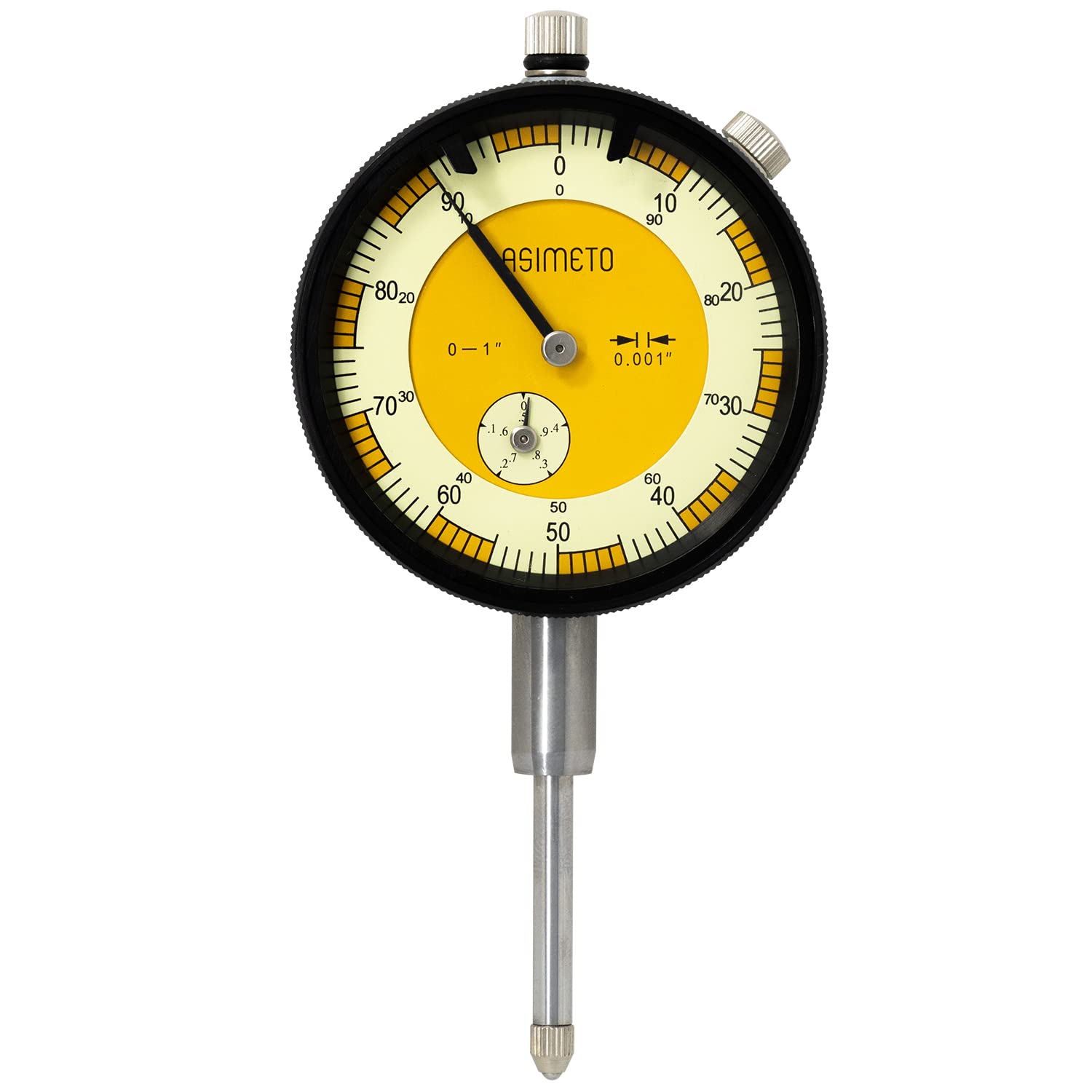 Asimeto 1" 0-100 AGD2 Dial Indicator | Stem Diameter: 3/8", Range Per Revolution: 0.1", Dial Graduation: 0.001", Dial Diameter: 2-1/4", Accuracy: ±0.002", Thread: 4-48", Dial Face: 1.61"/42mm