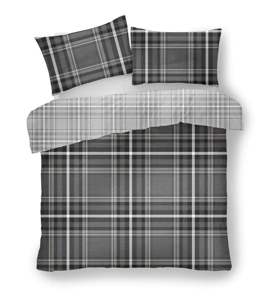 FAIRWAYUK Newton Tartan Check Duvet Cover Double Pillowcase Set, Grey 200x200cm, Quilt Bedding, Reversible Easy Care