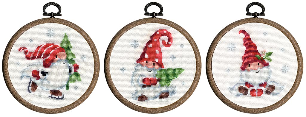 Vervaco counted cross stitch kit ""Christmas gnomes in the snow"" Set of 3 with ho