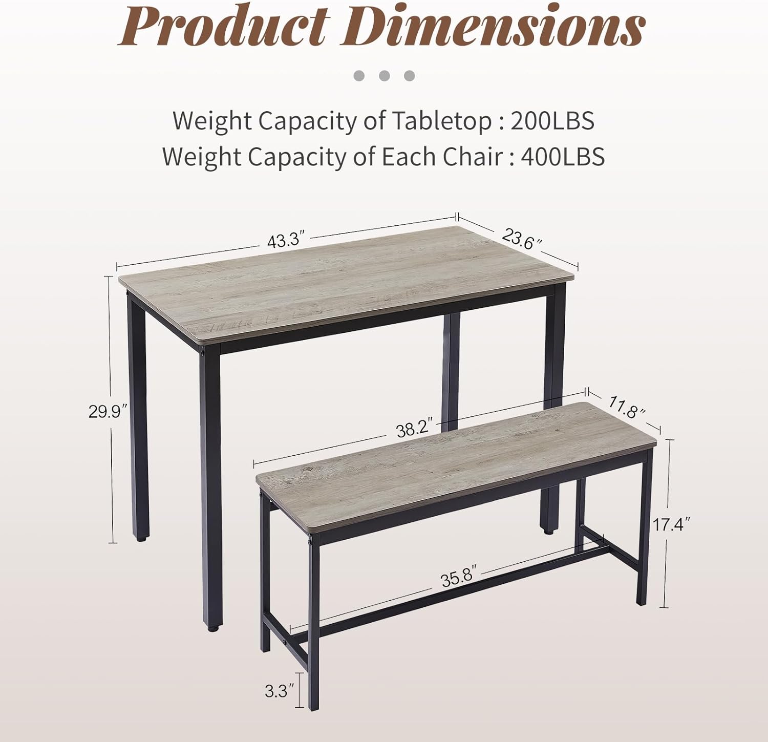 Industrial Counter Height Table Set with 2 Benches – 30" Tall 3-Piece Breakfast Bar Table Set, Seats Up to 4, Space-Saving Dining Set for Apartment or Small Spaces, Gray