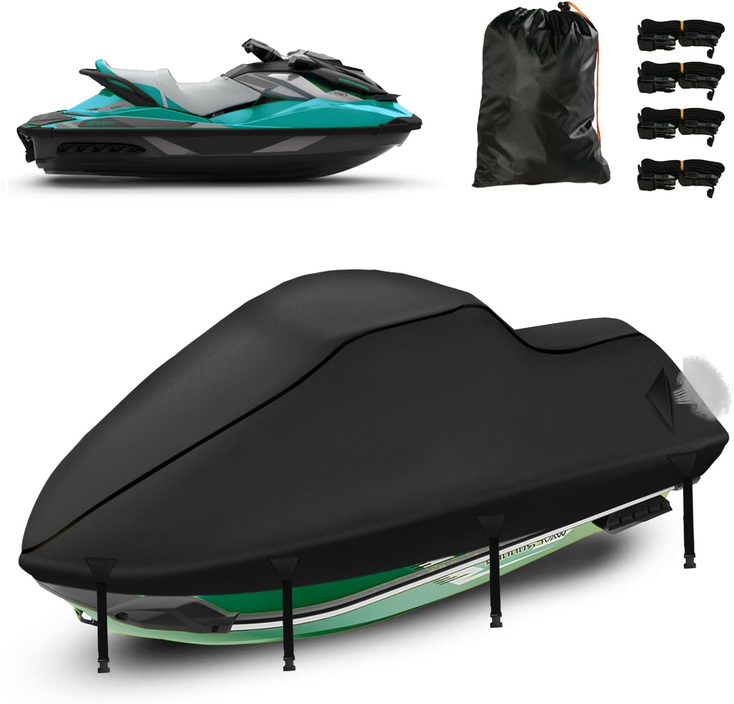 900D Waterproof Jet Ski Cover 3 Seater, Heavy Duty Jetski Covers with 2 Air Vents, 4 Windproof Buckles, UV Resistant, Compatiable with Seadoo,Yamaha Waverunner 2 3 Seater from 136" to 145"(Black)
