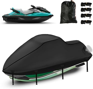 900D Waterproof Jet Ski Cover 3 Seater, Heavy Duty Jetski Covers with 2 Air Vents, 4 Windproof Buckles, UV Resistant, Compatiable with Seadoo,Yamaha Waverunner 2 3 Seater from 136" to 145"Black