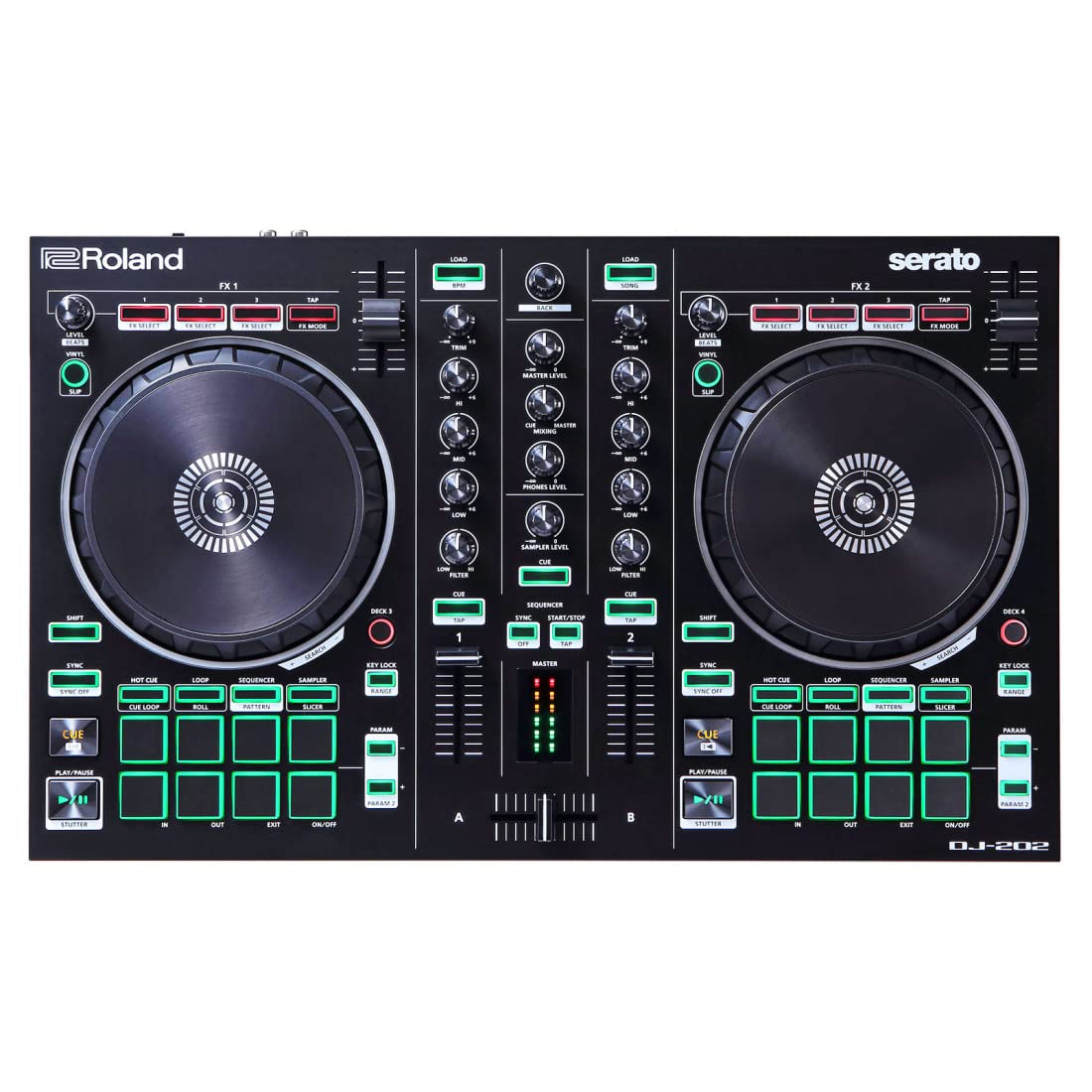 Roland DJ-202 - Controller USB DJ a 2 canali a 4 canali + custodia Gator + panno in microfibra Keepdrum