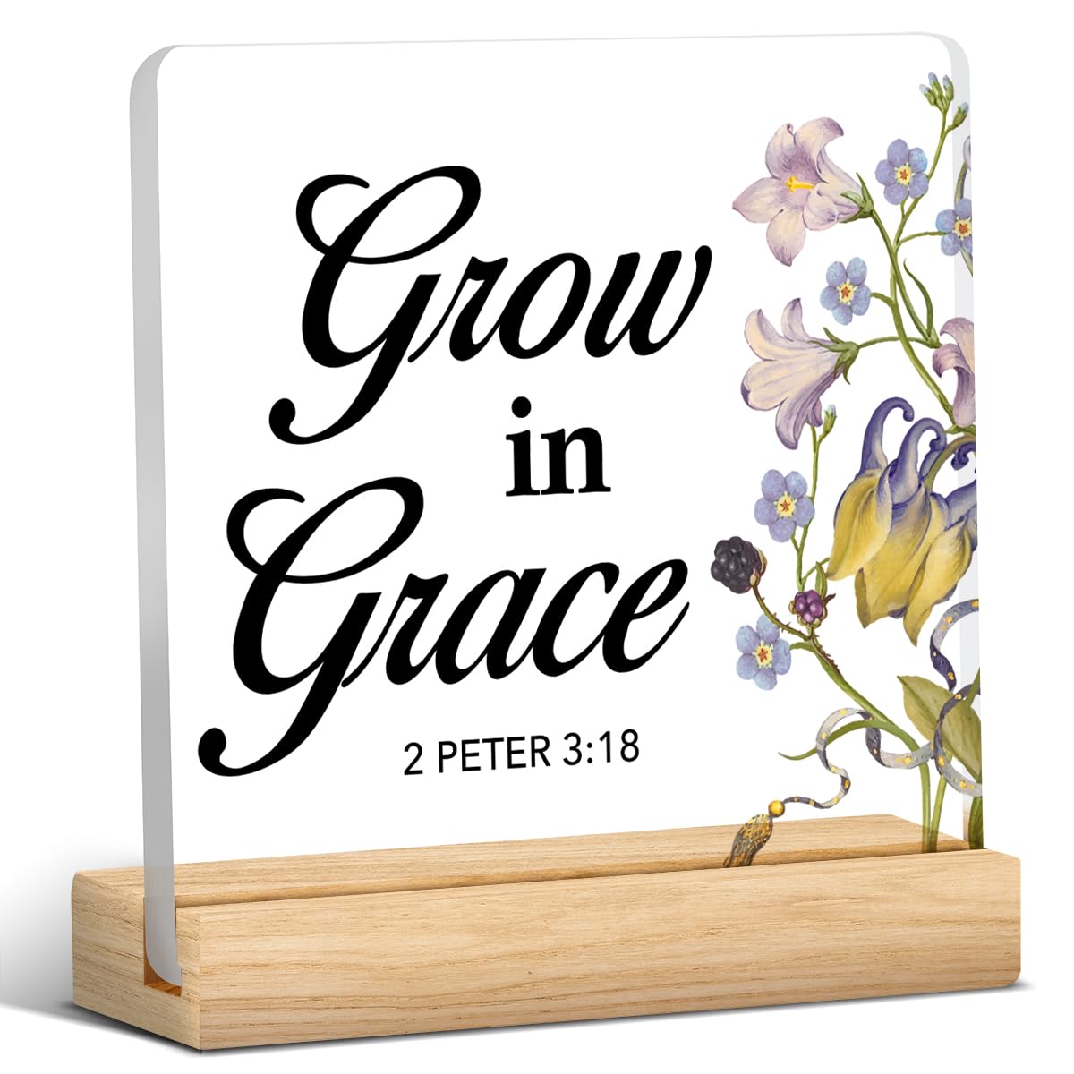 Religious Gifts Grow in Grace 2 Peter 3:18 Clear Desk Decorative Sign Bible Quotes Scripture Wildflowers Acrylic Plaque With Wooden Stand 4x4 Inch Sign Home Desk Decor