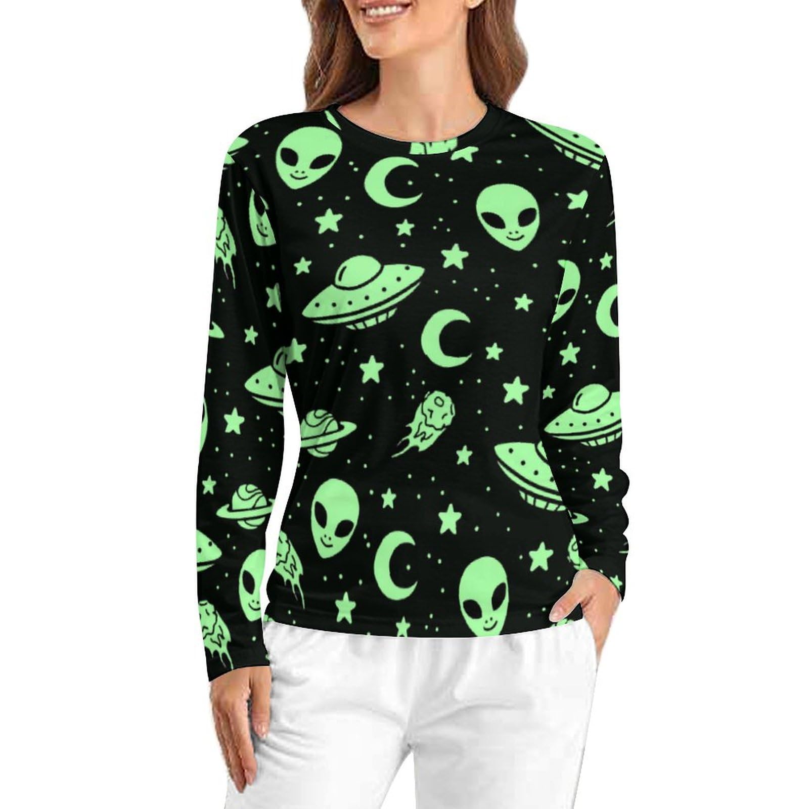 Lznjz Women's Moon Cartoon Alien Lightweight Pyjama Top, Pyjamas