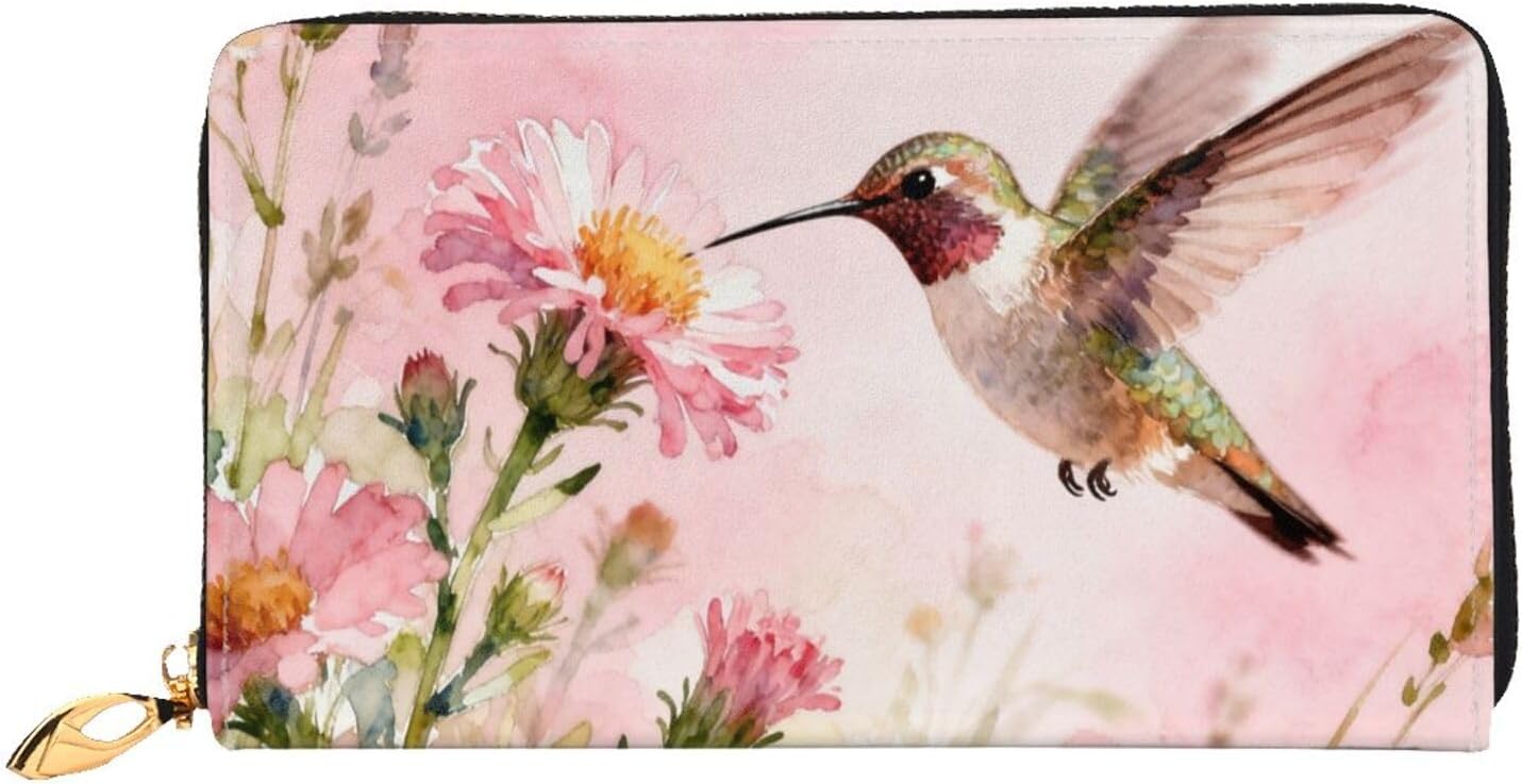 Hummingbird Long Zip Around Wallet for Women, Large Capacity RFID Leather Wristlet Wallet with 12 Card Slots Coin Purse, Fashion Clutch Purse with Wrist Strap